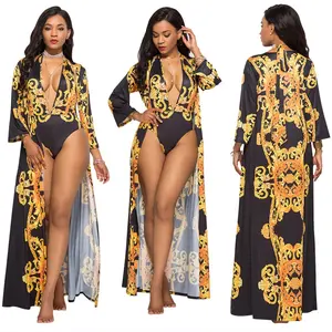 2019 women print deep V one piece swimwear with cover up