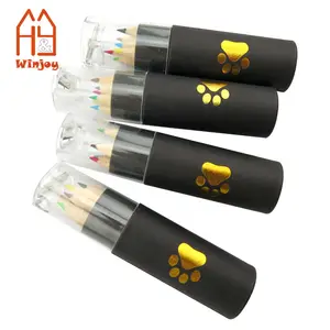 Custom Kids natural wood colored pencil set with kraft paper tube and plastic sharpener cap-6 pack.