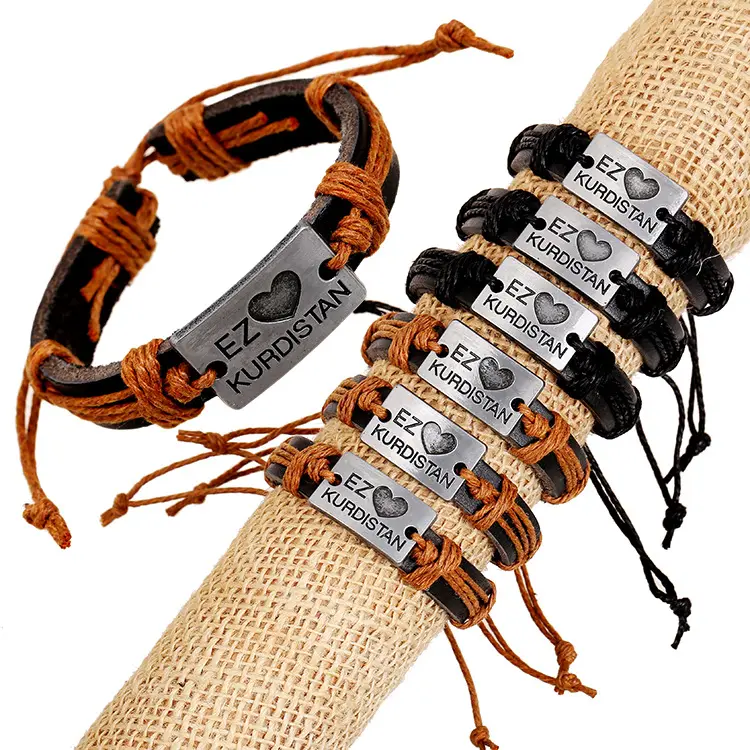 1PC Punk EZ Heart Kurdistan Cowhide Hemp Rope Genuine Leather Bracelet Adjustable Bangle Wristband 4 Colors