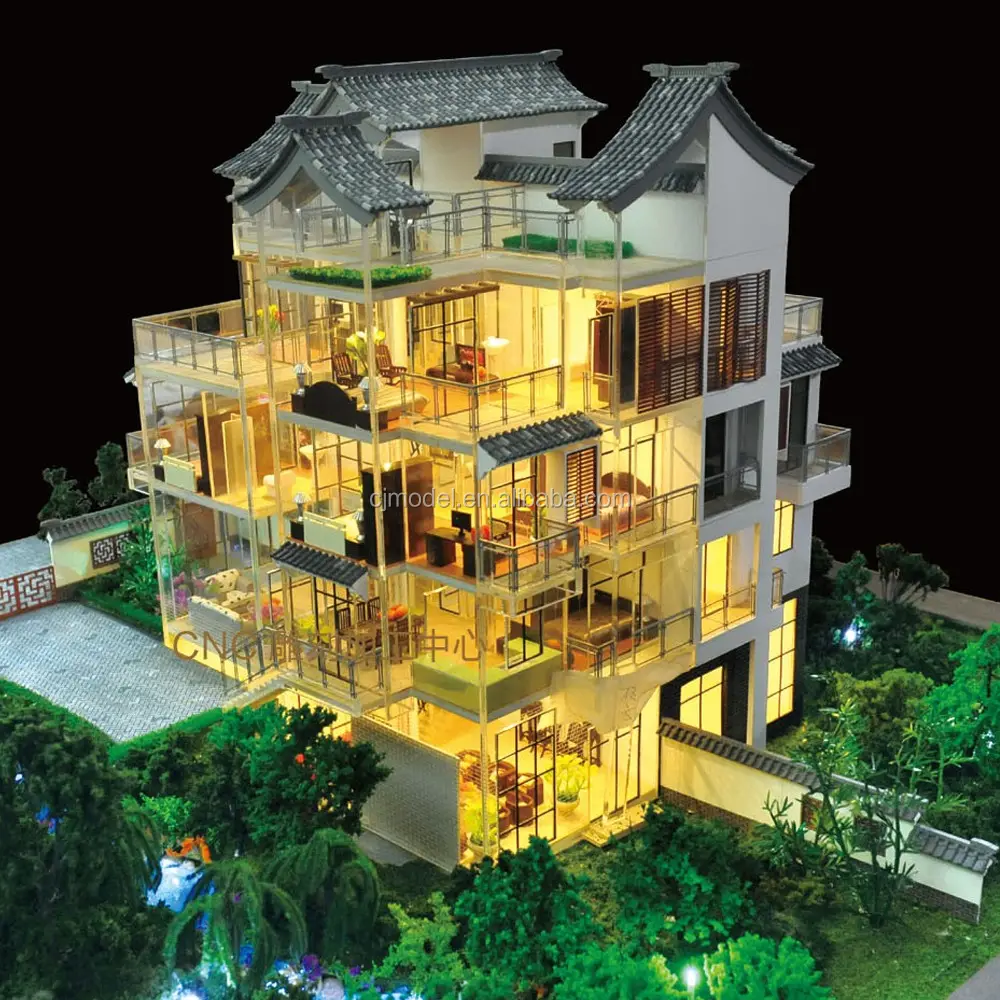 Maßstab 1/50 Villa Architecture Modell mit Möbeln & beweglichem Aufzug und Miniatur auto