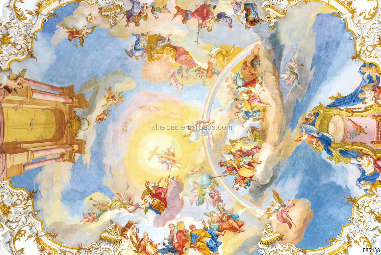 ヨーロッパの宗教絵画アート天井装飾3D壁画壁紙の黄金と鮮やかな