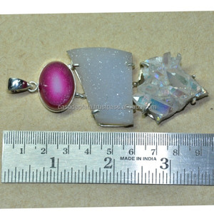 925 Sterling Sier fait à la main mode pendentif rose Druzy blanc Druzy Aqua Aura pierre précieuse plaqué or Esp688 pendentif - Product Image 2