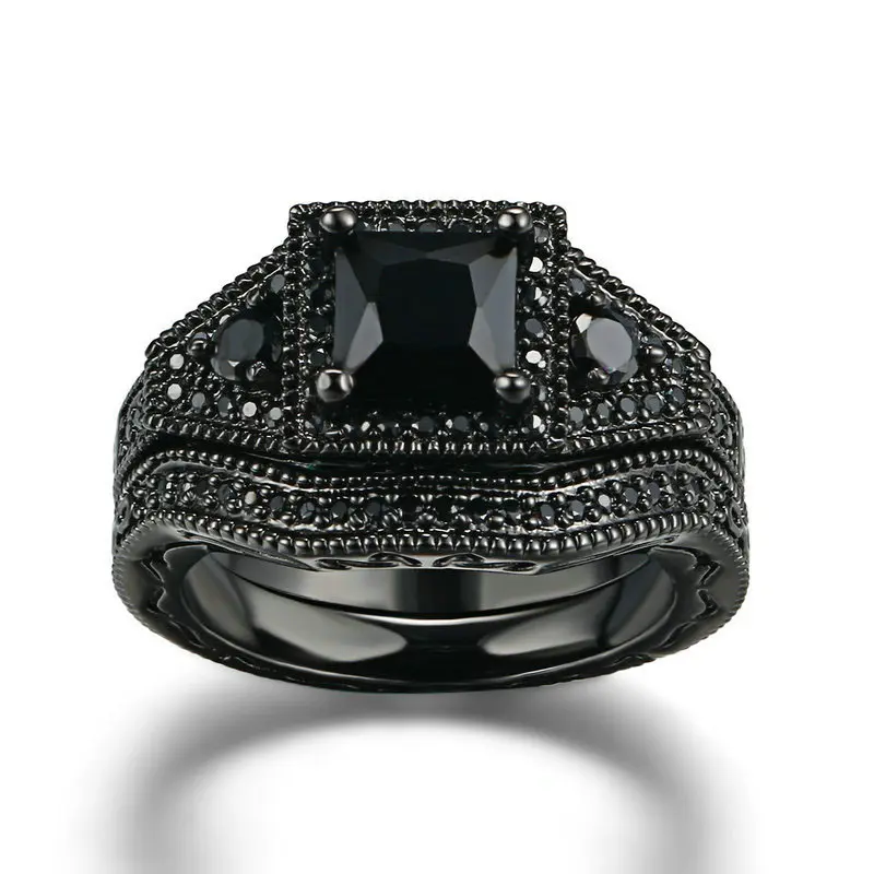 Negro anillo de rodio con 6mm piedra de zirconia para las mujeres