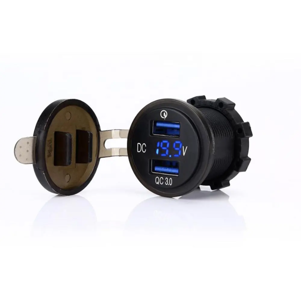 Waterproof Dual QC3.0 USB Fast Charger Socket Power Outlet with LED Digital Voltmeter for Marine, Boat, Motorcycle, Truck