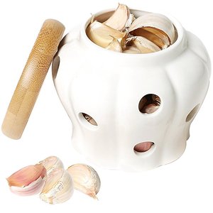 White Ceramic <strong>Garlic</strong> Keeper Kitchen Storage Container <strong>Garlic</strong> <strong>Jar</strong> with Bamboo Wood Lid - Product Image 2