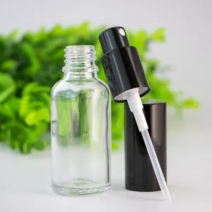 Botella de vidrio esmerilado personalizada, spray transparente con tapa de aluminio negro
