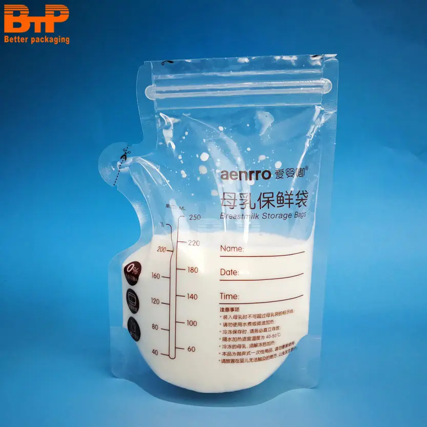 Sacola de armazenamento de leite materno, 250ml selo duplo de zíper bpa e bps, saco de plástico congelante