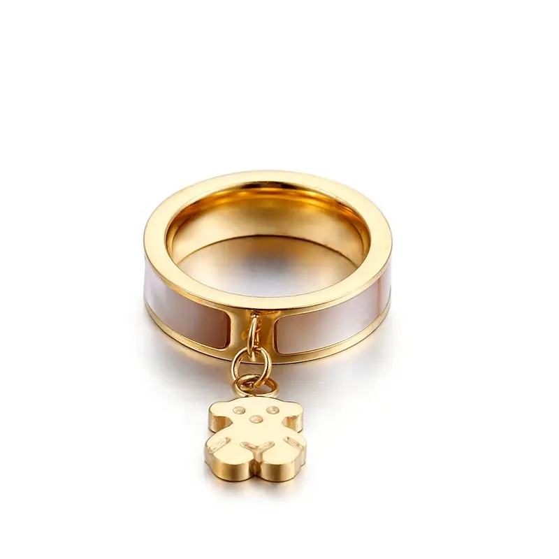 Anillo de lujo de acero inoxidable con diseño de oso y concha blanca, de la mejor calidad