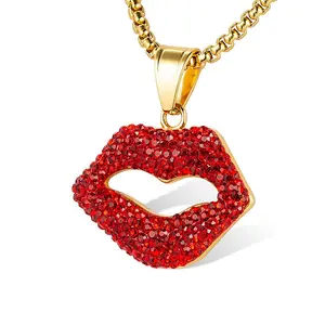 Women's Jewelry 18K Gold Plated Stainless Steel Red Crystal Lips Pendant Necklaces