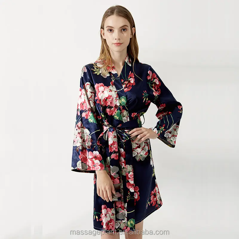 8009 Good quality black floral satin kimono robe for last single party