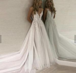 2025 Fashion a Line Sexy Open Back Ladies V Neck Applique Beach <strong>Boho</strong> Bohemian <strong>Wedding</strong> <strong>Dress</strong> - Product Image 1