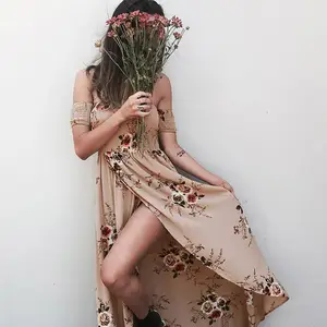 Blumen druck Halfter Chiffon langes Kleid Frauen Maxi kleider Vestidos sexy weiß Split Beach Sommerkleid