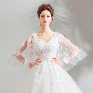 2019 Spring New Korean <strong>Plus</strong> <strong>Size</strong> 3xl Ivory Flower Beaded Floor Length Batwing Sleeve Lace up Back Princess <strong>Wedding</strong> <strong>Dress</strong> - Product Image 4