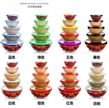 Fruit salad 5 pieces glass mixing bowl set With PET lid