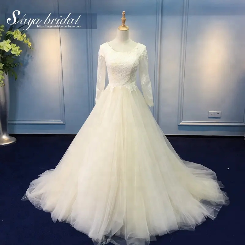 Hot sale china custom made appliqued champagne lace train ball gown wedding dress