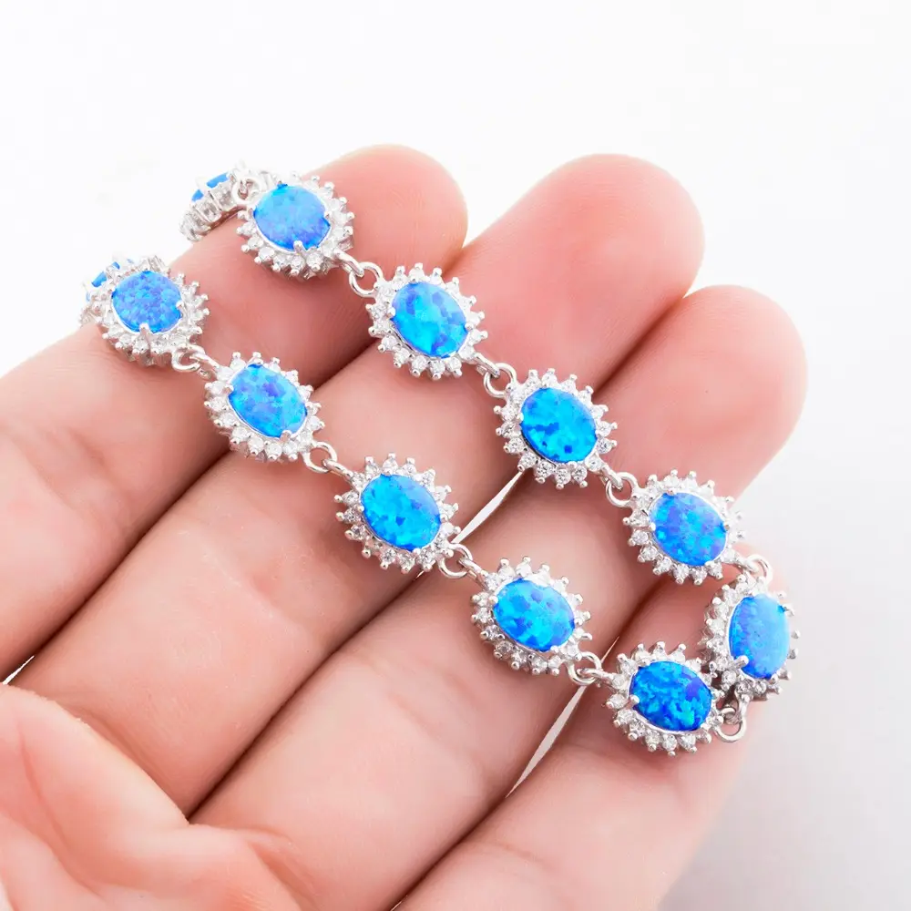 Fashion Women Jewelry 925 Sterling Silver Solid Blue Stone Opal Bracelet