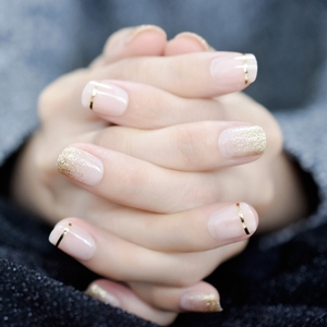 Cubierta de Gel para <span class=keywords><strong>uñas</strong></span> postizas, purpurina dorada, <span class=keywords><strong>Uñas</strong></span> postizas cortas <span class=keywords><strong>con</strong></span> lengüetas adhesivas, perfectas para uso diario - Product Image 5