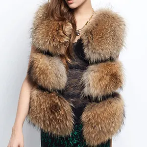 最新スタイル本物のアライグマの毛皮のベストナチュラルカラーの女性の毛皮のジレ