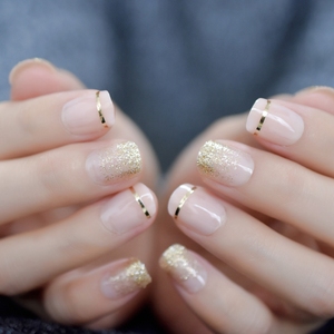 Cubierta de Gel para <span class=keywords><strong>uñas</strong></span> postizas, purpurina dorada, <span class=keywords><strong>Uñas</strong></span> postizas cortas <span class=keywords><strong>con</strong></span> lengüetas adhesivas, perfectas para uso diario - Product Image 2