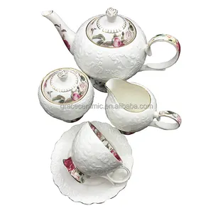 Luxury Tea Cup Sets Porcelain Fine china Embossed Classic Coffee Set