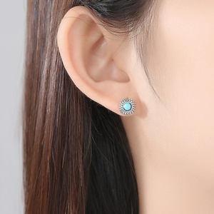 CZCITY ต่างหูสตั๊ดสีเทอร์ควอยซ์ของผู้หญิง,ต่างหูสีดำเงินไทยสไตล์วินเทจ - Product Image 3