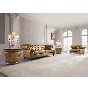 JR307B-muebles de lujo para sala de estar, conjunto de sofá clásico de cuero auténtico dorado Retro, Chesterfield
