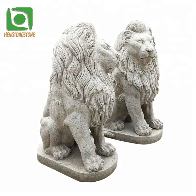 Outdoor Main Gate Decorative Life Size Stone Carved Grey Granite Sitting Lion Statue