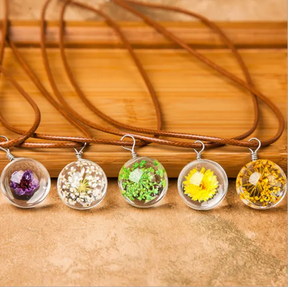 QWN04 Fashion Jewelry Clear Crystal Ball Botanical Glass Globe Dried Flower Plant Necklace