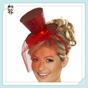 Christmas Party <strong>Red</strong> Glitter Burlesque Mini <strong>Top</strong> <strong>Hats</strong> with Veil HPC-0299 - Product Image 2