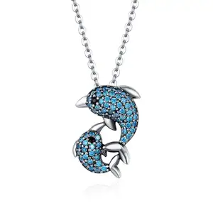 BAGREER SCN149 Personalized cute small dolphin with blue diamond cz zircon pendant 925 silver chain women tennis necklace