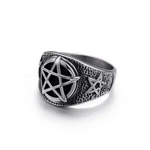 Cincin Pentagram Baja Tahan Karat Pria, Cincin Bergaya Retro Modis