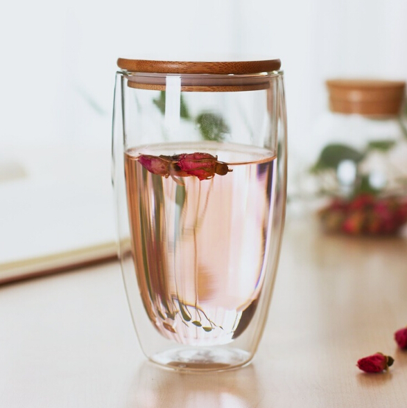 350ML heat resistant double wall glass tea cup with bamboo wooden lid