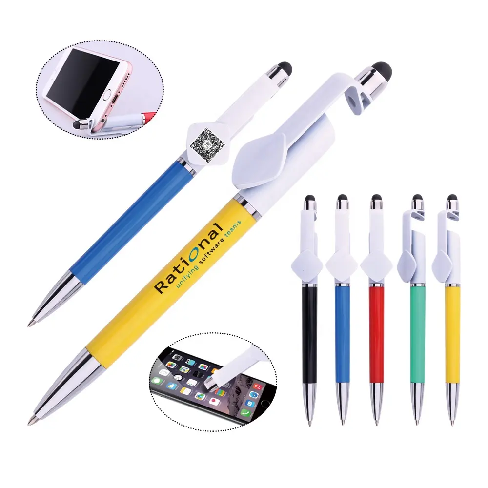 big clip customized printing with QR code pen stylus plastic pen with phone holder pen