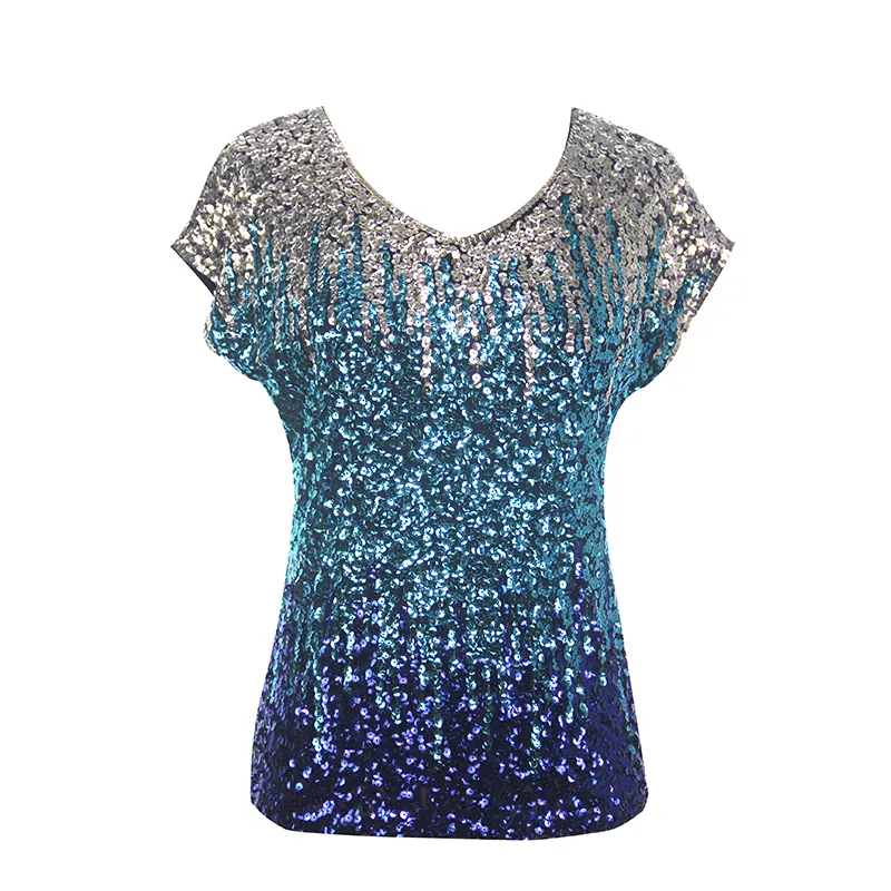 Hot Bán Chất Lượng Cao Bling Giản Dị Ngắn Tay Áo Tùy Chỉnh Sequin Của Phụ Nữ T-Shirts Bán Buôn Sequined Top