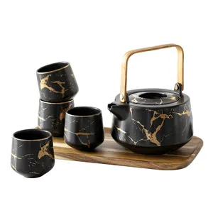 Marble Turkish Ceramic Tea Service Set Large Modern Tea Pot (40 OZ) with Wooden Tray 6.7 OZ Tea Cups Set