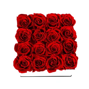 Boîte carrée de Roses éternelles, vente en gros, d'usine directe, plante éternelle, pour la saint-valentin, 16 rose préservée, vente en gros