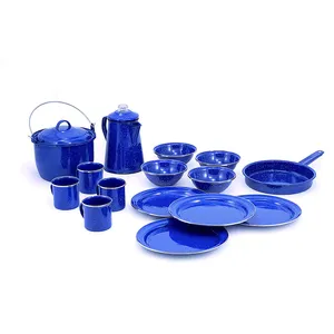 15pc 식기 야외 피크닉 사용자 정의 색상 블루 얼룩덜룩 한 저녁 식사 머그잔 그릇 접시 냄비 캠핑 에나멜 조리기구 세트