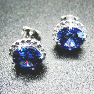 Rhodium Mạ Pave Cubic Zircon Round Cut Tanzanite Stud 925 Bông Tai Bạc Đồ Trang Sức