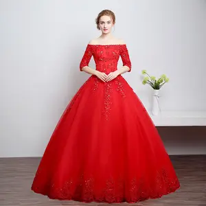 Gaun Pengantin Ukuran Plus Pengantin Wanita, Gaun Pesta Tanpa Tali, Gaun Pengantin Gaya Korea Gading Putih/Merah