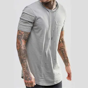New style stylish plain short sleeve curved hem 100% cotton tie neck distressed panel longline t shirt men custom tshirt
