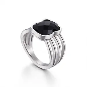 Kualitas Terbaik Stylish Silver Stone Wanita Perhiasan dengan Harga Murah Stainless Steel Hitam Onyx Cincin