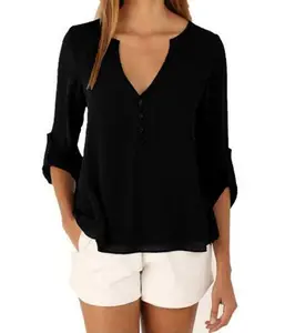 Onen venta al por mayor de moda de las mujeres de manga larga con cuello en V de gasa Tops blusa negro