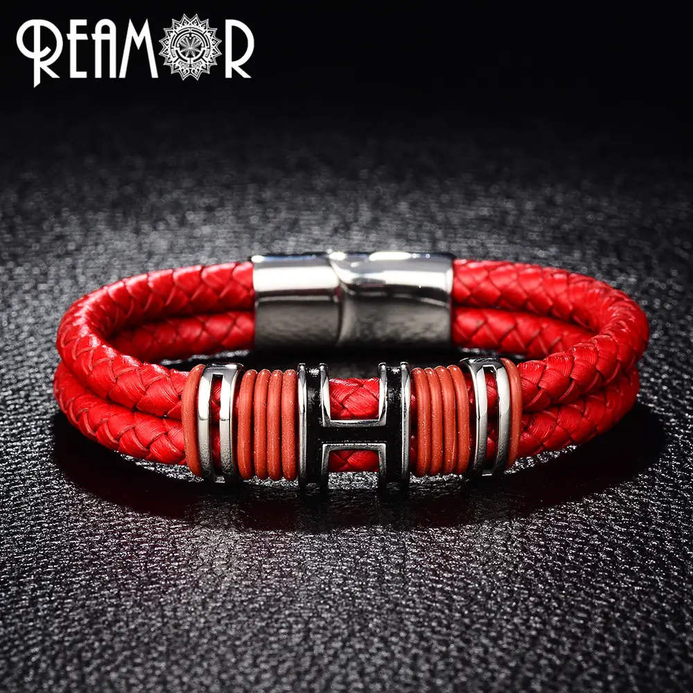 REAMOR 316l Stainless Steel Letter H Design Double Layers Braided Leather Bracelet For Women Men