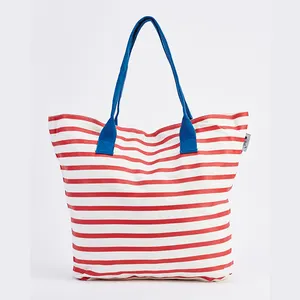 Low Min. Quantity Custom Twin Handle To Canvas Striped Beach Tote Bag