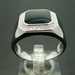 高品质经典男士戒指925纯银时尚珠宝男士订婚黑色搪瓷戒指