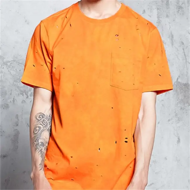 Barato promocional moda bangladesh vestuário personalizado em branco plain orange hole t shirt