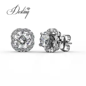 Sterling Silver 925 Premium Austrian Crystal Jewelry Trendy Round Royal Clover Stud Earrings For Wedding Destiny Jewellery