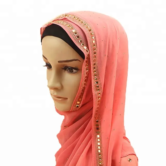 Scarf Factory In China High Quality Diamond Rhinestone Scarf Chiffon Shawl Long Muslim Lady Hijab Gauze Women Headcloth