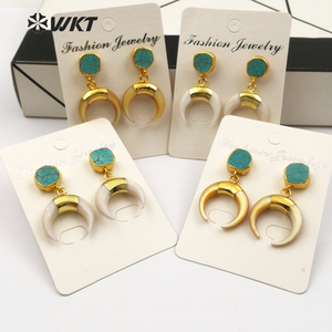 WT-E427 Nuovi Orecchini Pendenti a Mezzaluna <span class=keywords><strong>in</strong></span> Conchiglia Naturale con Pietra Verde, Design Vintage per Donne alla Moda - Product Image 1