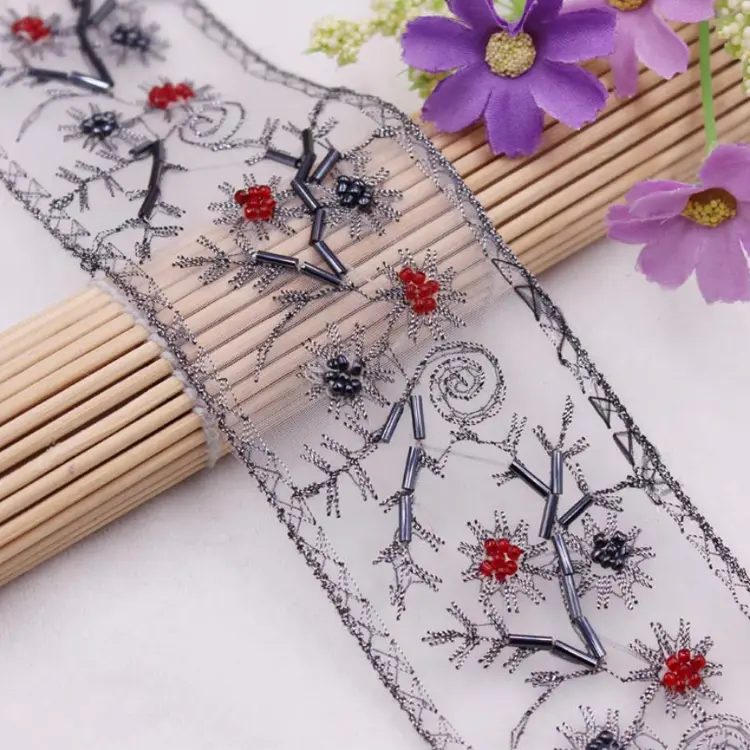 high quality retro style grey color hand beaded embroidery fabric lace for clothes